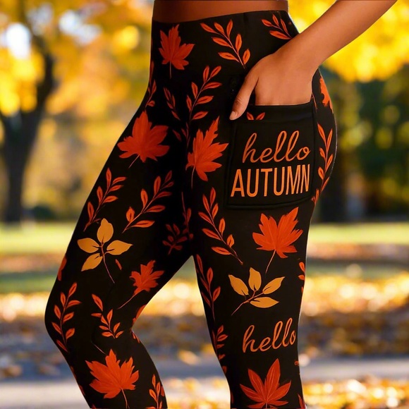 OS/TC/TC2 NEW Womens Thanksgiving Leggings w/Pockets Luxury Fall Leaf Yoga Pants - Picture 1 of 14